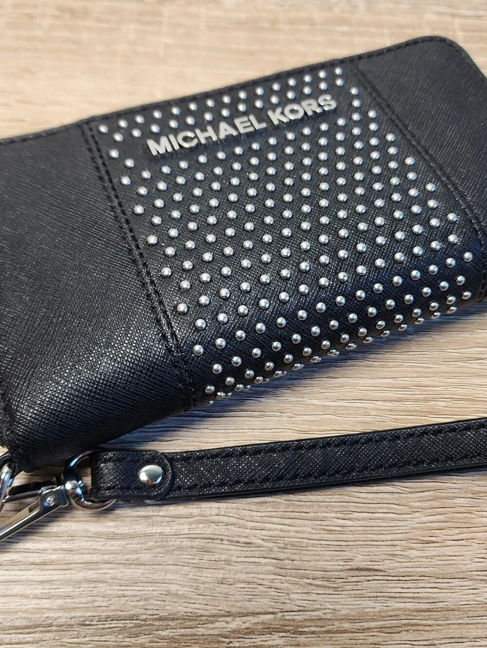 MICHAEL KORS Saffiano Studded Black Leather Silver Wristlet Zip Wallet Clutch